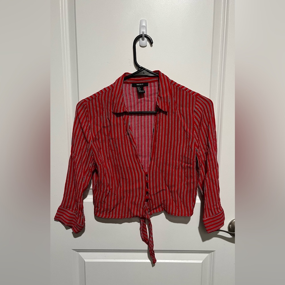 Forever 21 Low Neckline Red and Blwck Striped Button Up